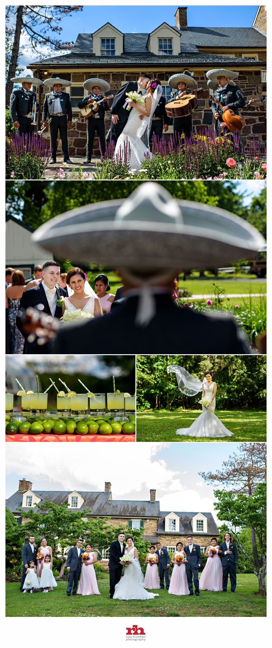 At Pearl S Buck Estate Wedding, a newly married couple kiss while a mariachi band plays.